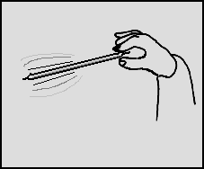 (Illustration of user's hand shaking a Pixi-Stix to induce crystal congregation in the far-end of the stick)